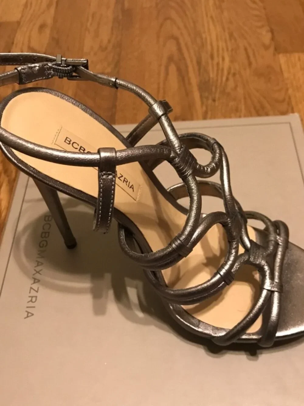 BCBGMaxzaria Mia-Farrow Gray Pewter Metallic Ankle Buckle Stilettos 9 NWT